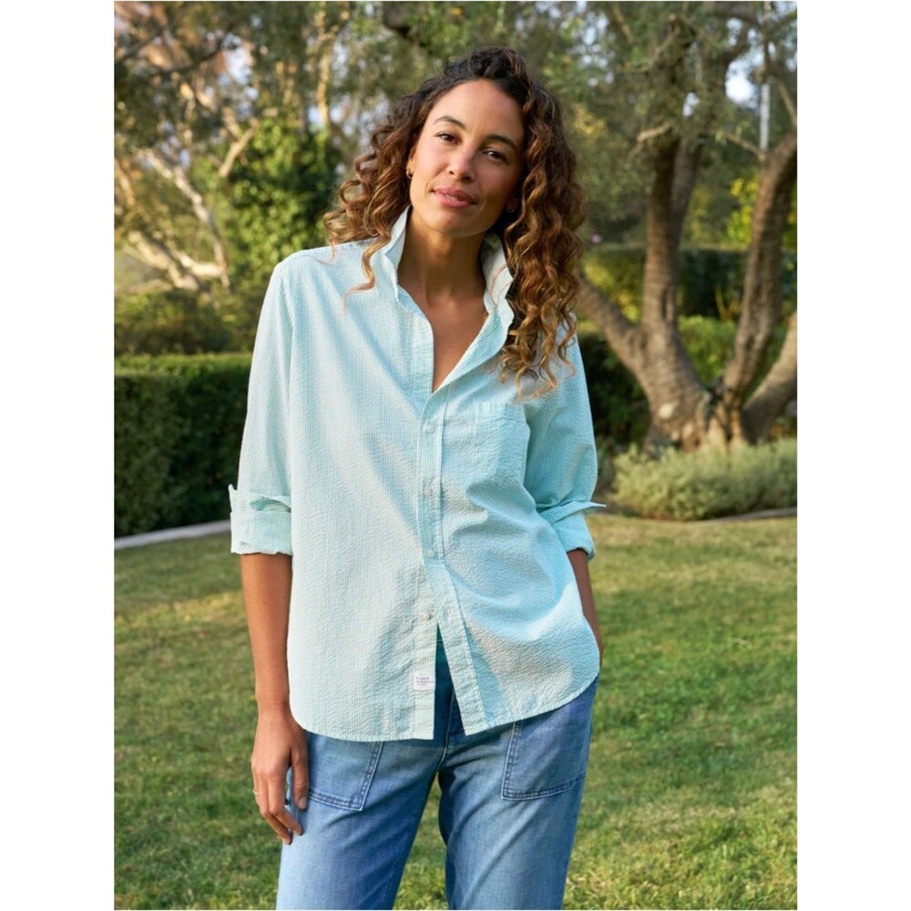 Frank and Eileen Relaxed Button-Up Shirt Green Stripe Italian Seersucker Eileen